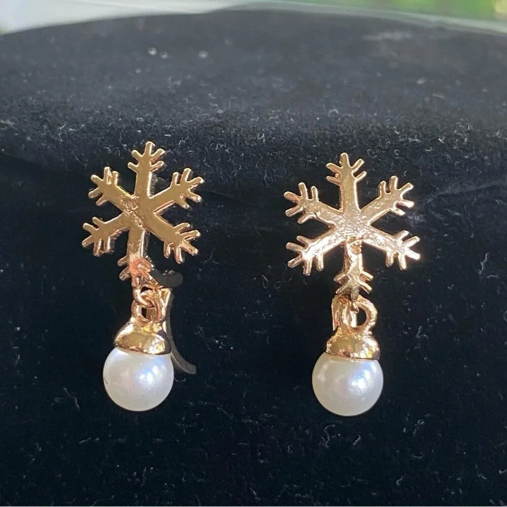 Gold Tone Snowflake  Huggie Earrings with Faux Pearl Drops